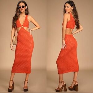 Lulus Orange Cutout Crochet Knit Midi Dress